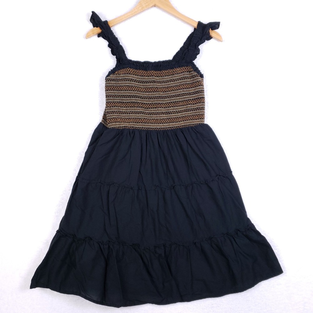 J.Crew Women's Cotton Sundress Small Smocked‎ Bodice Black Tiered Midi Dress